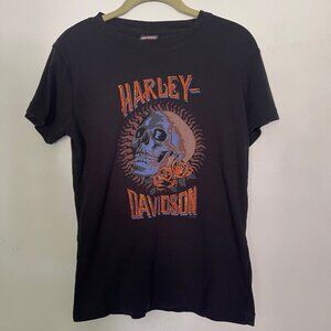 Harley Davidson Womens Medium Black Skull Roses Rhinestone Y2K Vibes Madison A3